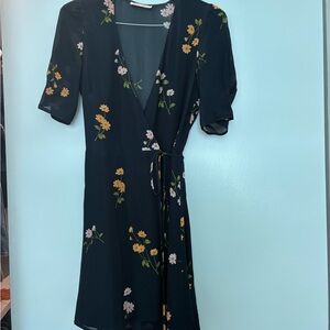 Black Floral Wrap Dress with Yellow & Pink Blooms